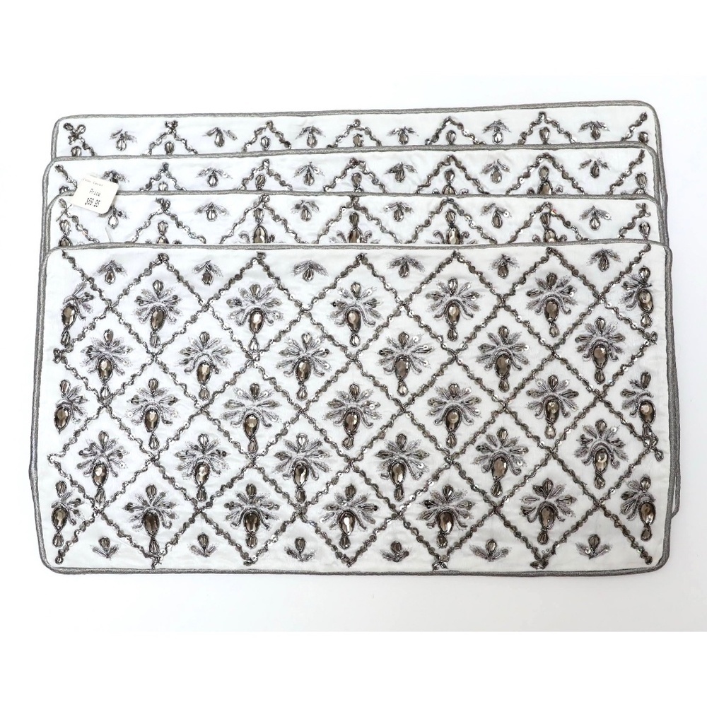 Set of 4 Beaded Cushion Covers Holiday Embellished White Pillowcases Christmas